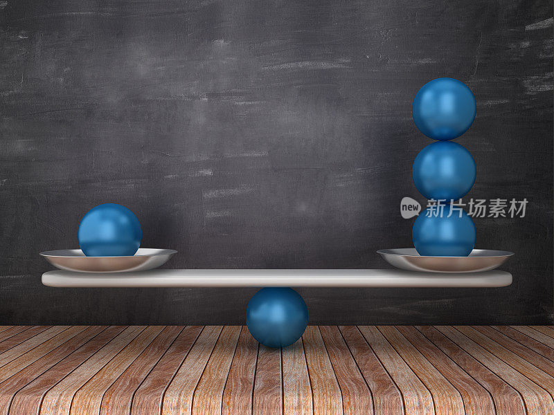 跷跷板缩放与球体在黑板背景- 3D渲染